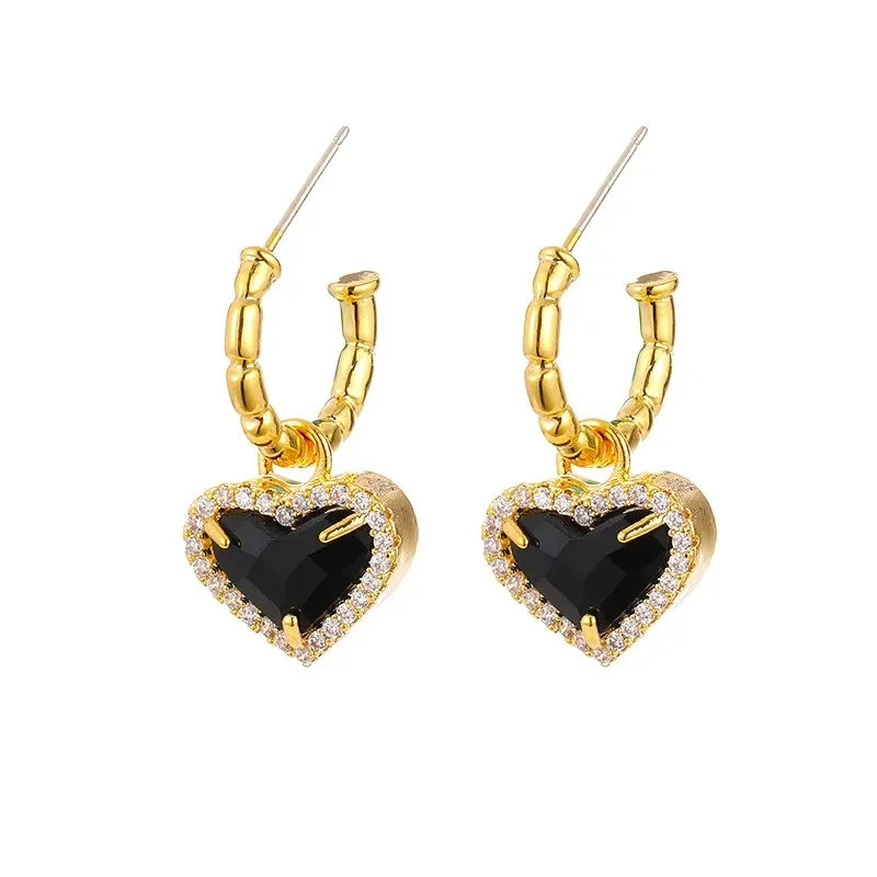 

Black Zircon Heart Metal Earrings For Women Round Charm Dangle Eardrop Wedding Party Jewelry