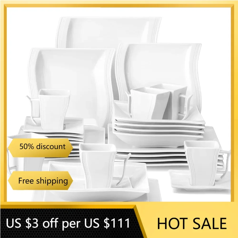 Complete Tableware Ivory White Dinnerware Set for 6 Dish 30-Piece Porcelain Dinnerware Sets Plates Dinner Sets freight free