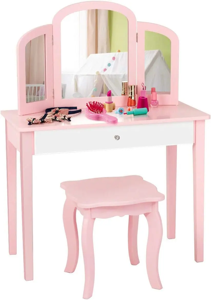 Kids Vanity Table, Princess Makeup Dressing Table with Drawer Folding Mirror, 2-in-1 Vanity Set with Detachable To