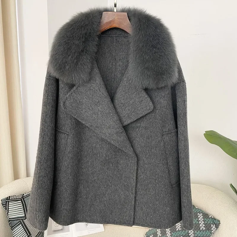 High End Wool Coat Woman Double Face Cashmere Coat with Real Fur Collar Luxury Ladies Winter Jacket Warm Clothing Fall