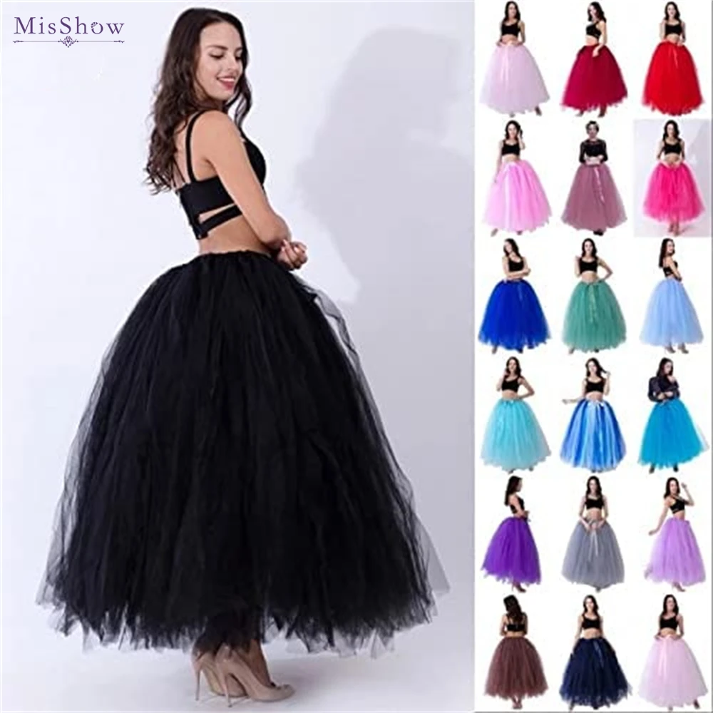 MisShow 6 Layers 100cm Maxi Long Tulle Skirt with Ribbon Sashes Princess Fairy Tutu Skirts Womens Vintage Puffy Petticoat Dress