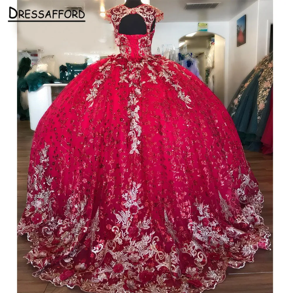 Red Quinceanera Dresses Ball Gown Sweet 16 Dress 3 D Flower Lace Appliques Graduation Party Gowns Vestido De 15 anos