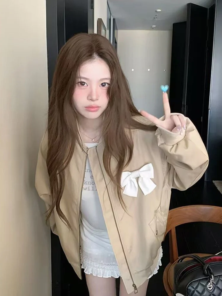 

Zoki Sweet Bow Korean Jacket Women Fall Preppy Style Cute Long Sleeve Coat Vintage Casual O Neck Loose Female Pockets Tops New