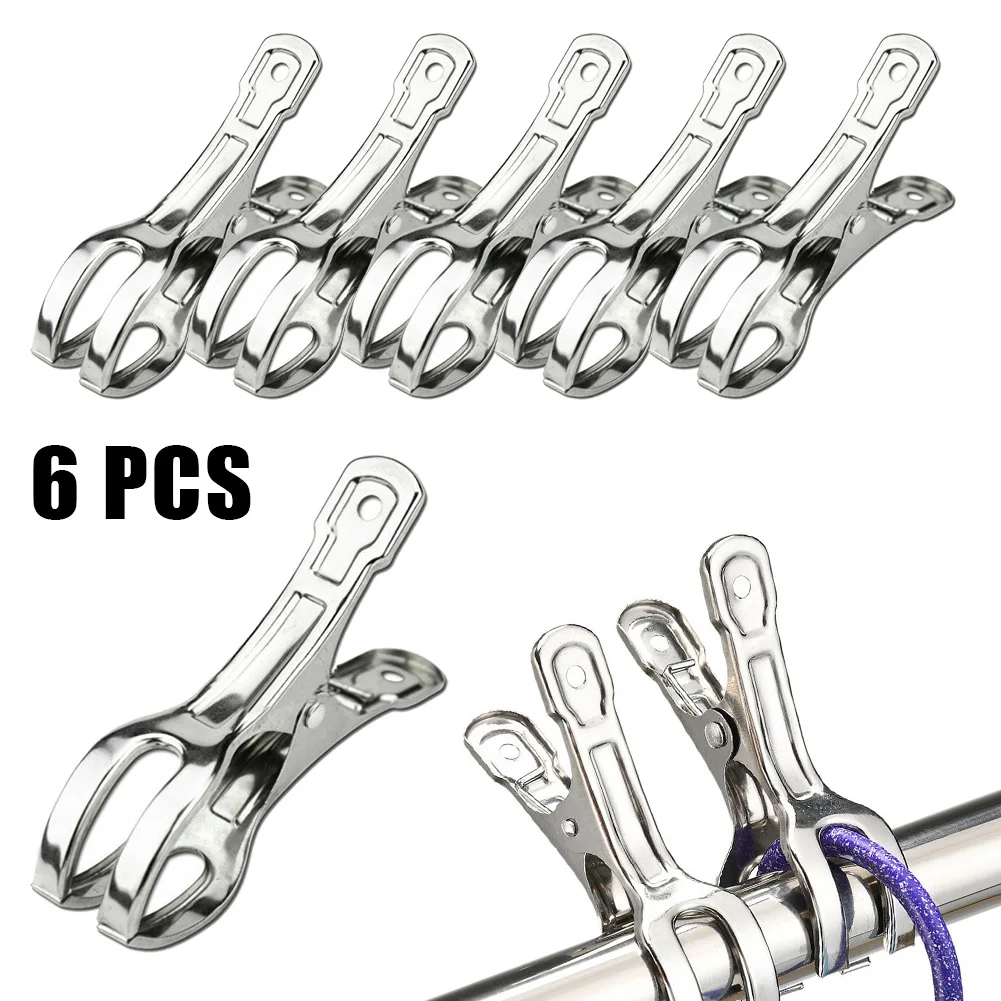 6PCS 9CM Towel Clip Stainless Steel Windproof Opening Clip Towel Clips Clothes Pegs Pins Hanger Clamp Household Clothespin