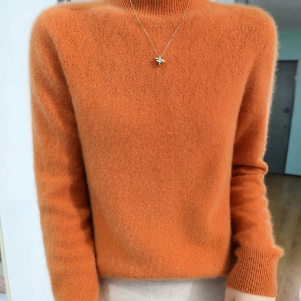 

Women's Hollow Semi-High Neck Long-Sleeved Sweater Solid Color Slim-Fit Wool Pullover Inner Top for Autumn Winter