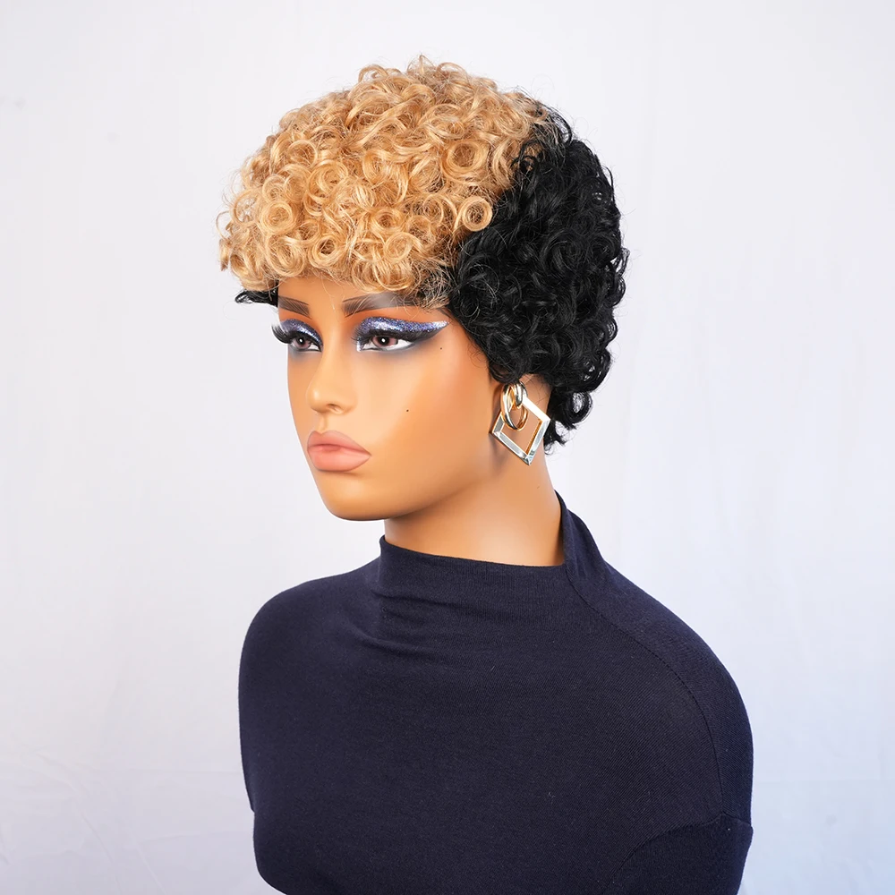 شقراء أومبير قصيرة عابث قطع شعر مستعار غريب مجعد الباروكات مع خط الشعر قبل قطعها للنساء السود كامل آلة صنع قبعة الشعر البرازيلي