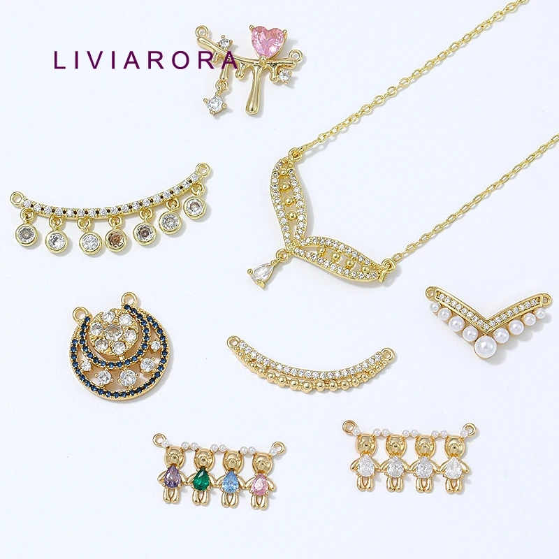 1Pc 18K Gold Plated Brass Arc Shape Crescent Connector Charms Pearl CZ Heart Curved Bar V Charms For DIY Jewelry Making