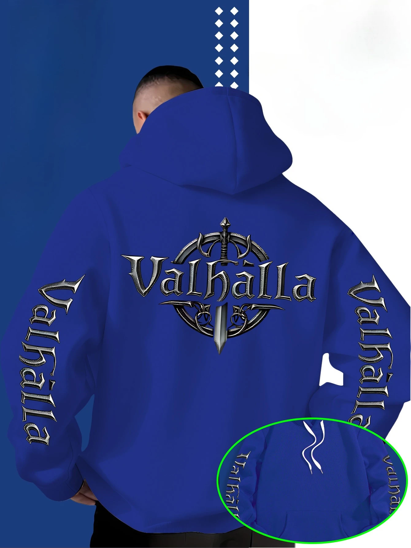 Street-Style locker geschnittener Kapuzenpullover mit Viking-Valhalla-Schwert-Logo-Druck für Männer, geeignet für Herbst und Winter. – Detail 6