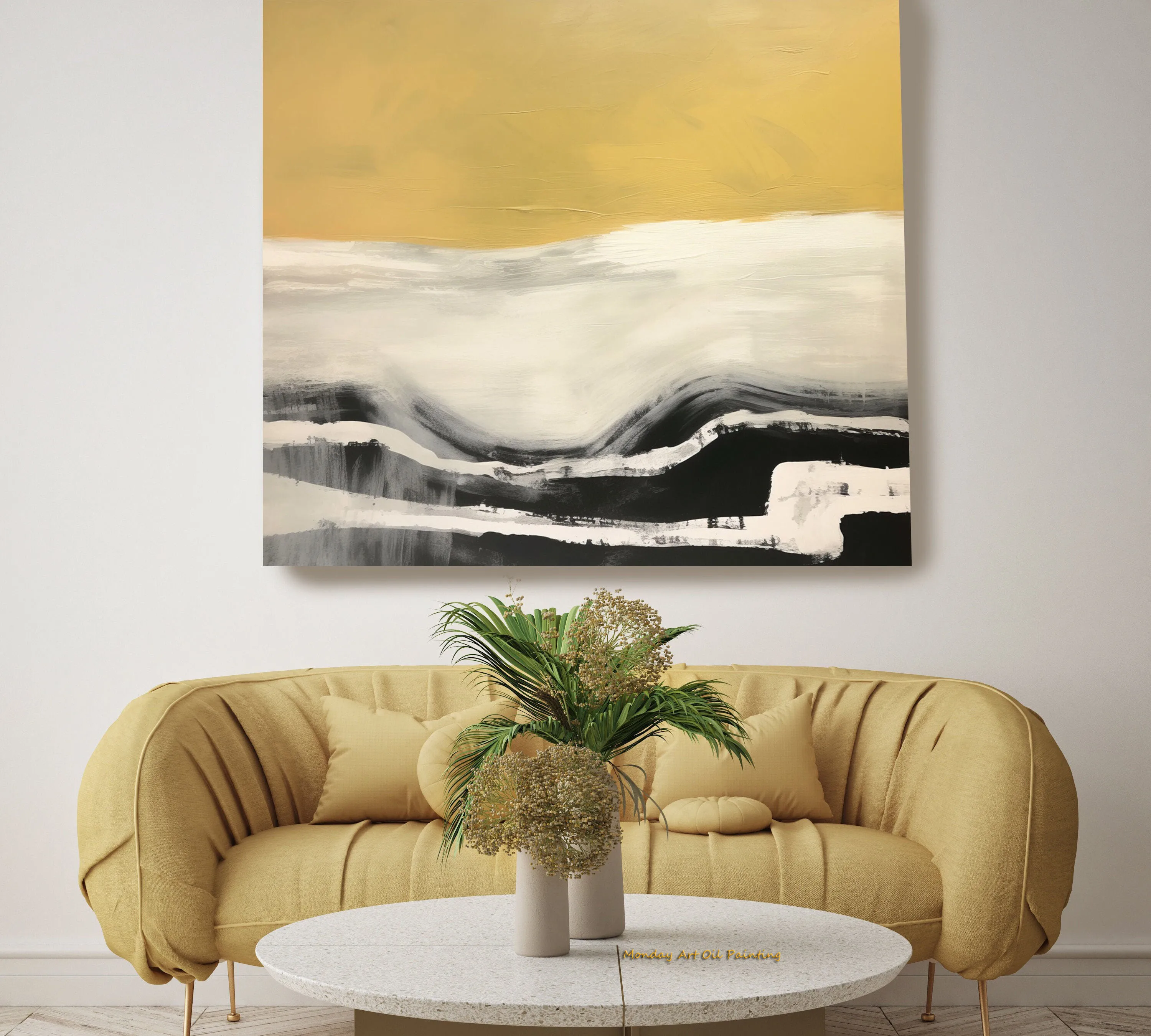 

Hand Painted Minimalist Landscape Oil Painting Contemporary Black Yellow Abstract Landscape Art Conceptual Canvas For Home Decor