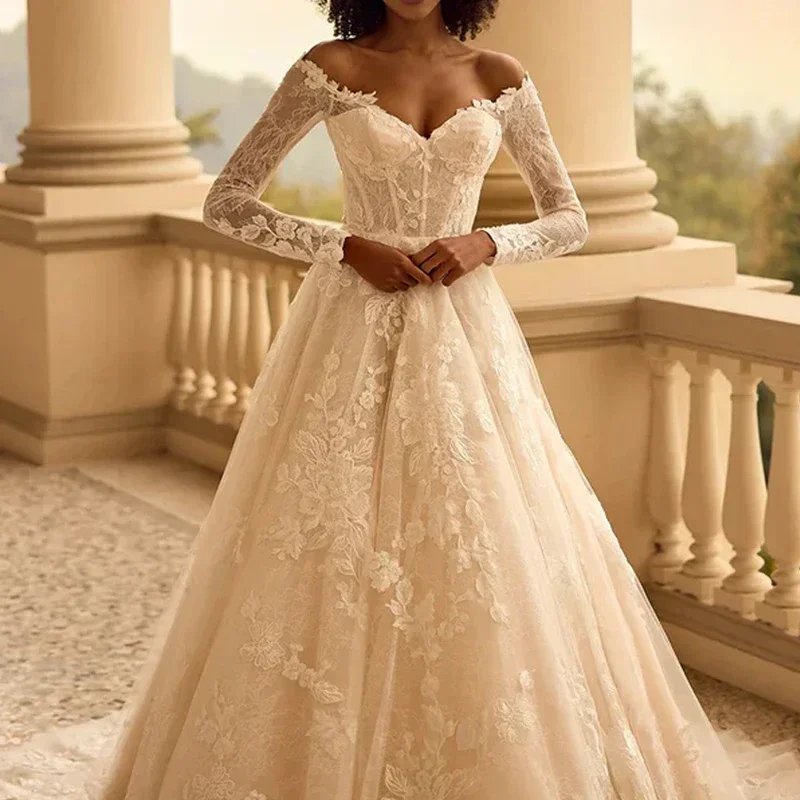 

Elegant Lace Applique Dress Sheer Wedding Dress Sexy Off Shoulder Long Sleeved Bridal Ball Dress Vestidos De Novia Customized