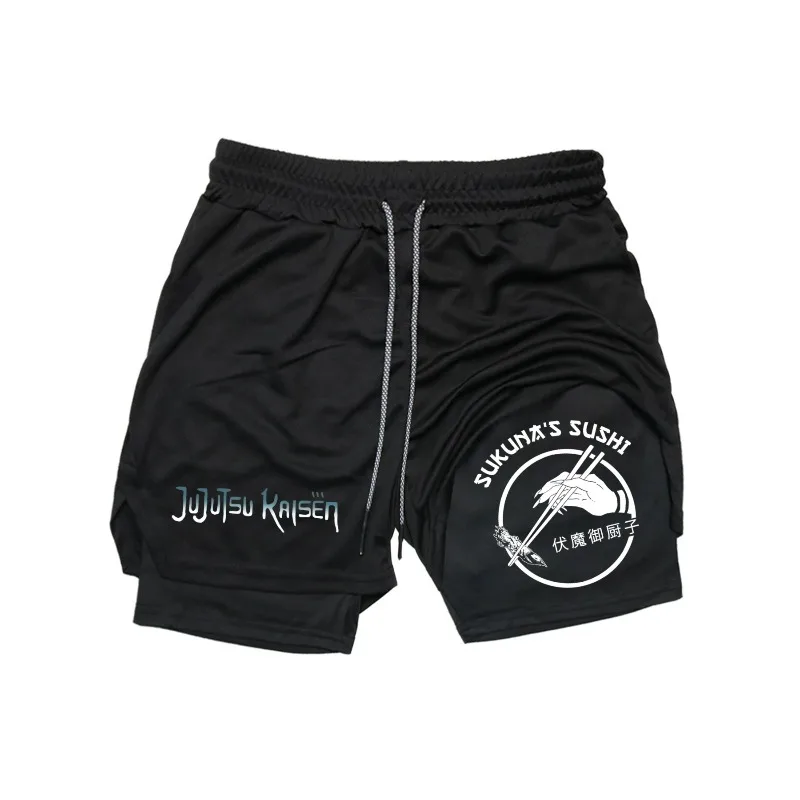 Ryomen Sukuna 2in1 Hardloopshorts Heren Gym Fitness Training Sneldrogende Korte Broek Mannelijke Outdoor Sport Jogging Ingebouwde Zak Bermuda