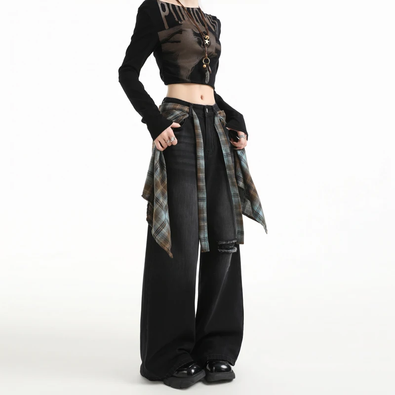 Design Sense Flounce Wide Leg Jeans High Waist Loose Slim Ripped Versatile Floor Length Pants