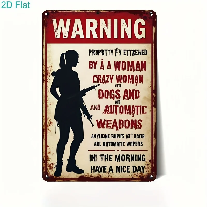 Metal Sign - Funny Warning Poster with Crazy Woman & Dogs Guns Design, Retro Garage, for Man Cave, Patio, Home Decor - Heavy-Dut
