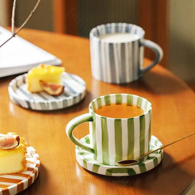 Nordic Ceramic Plate Creative Striped Western Food Dishes Dinner Plates Breakfast Dessert Dishe Plate Coffee Mug Tableware Set