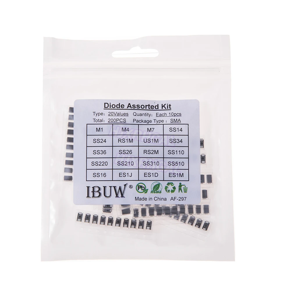 20value x 10PCS=200PCS SMD diode Assorted Kit contains SS110 SS220 SS210 SS310 SS510 SS16 SS26 SS34 SS36 ES1J ES1D M7 M4 US1M