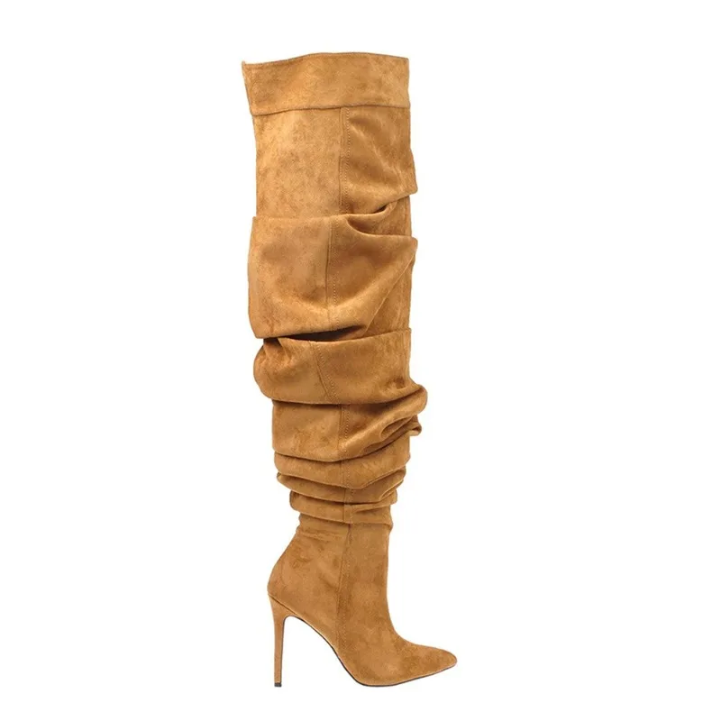 

Woman Over The Knee Boots High-heeled Long Boots Denim Pleated Thin Heel Pointed Boots Women's Side Zipper Fashion Party Shoes