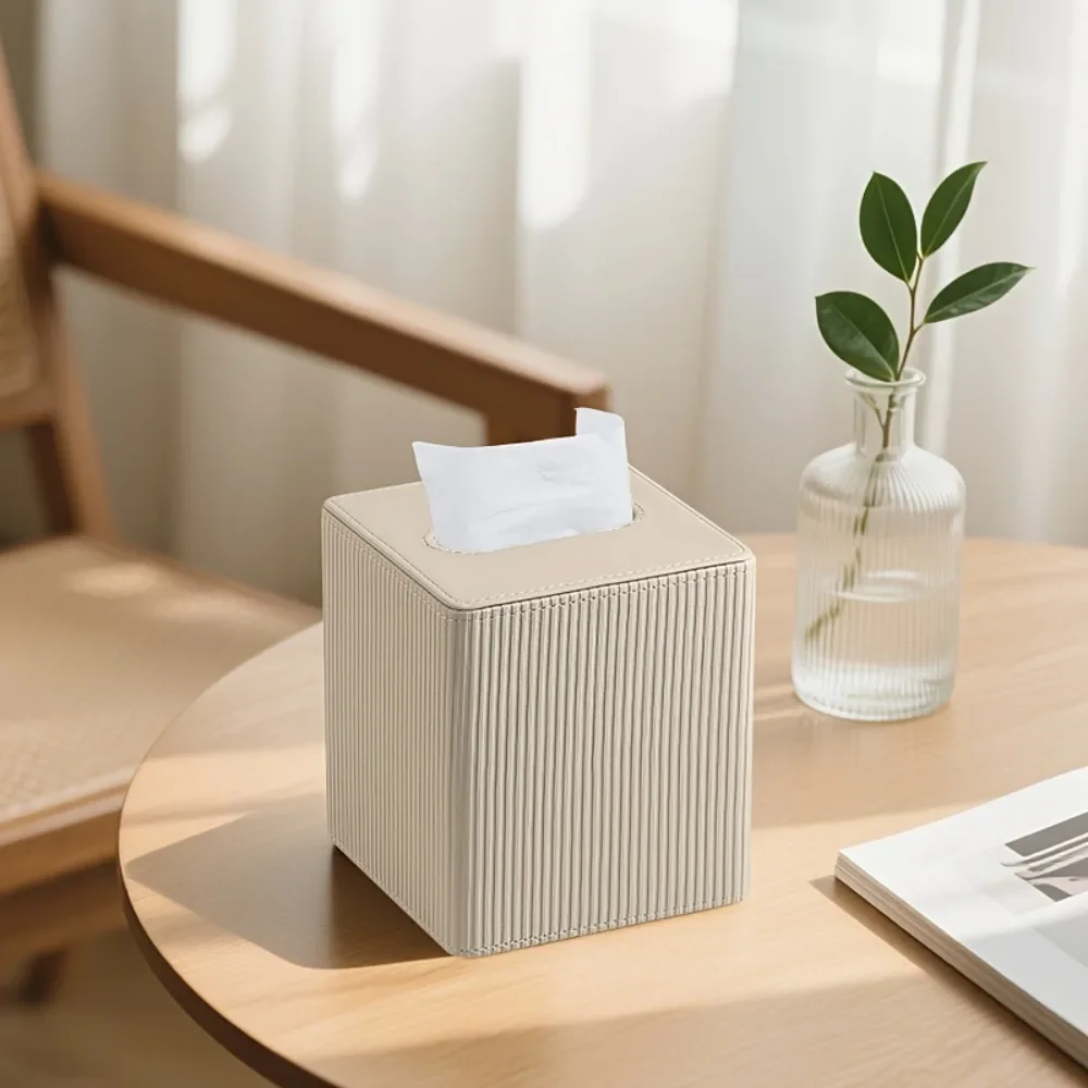 PU Leather Square Tissue Box Roman Column Stripe Magnetic Closure Tissue Dispenser Short Pile Lining Widened Opening