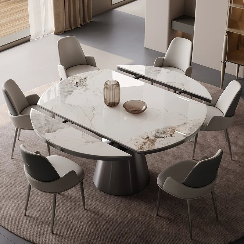 Round Dining Table, Household Induction Cooker, Multifunctional and Dual-use, Foldable and Expandable Rock Board Round Table