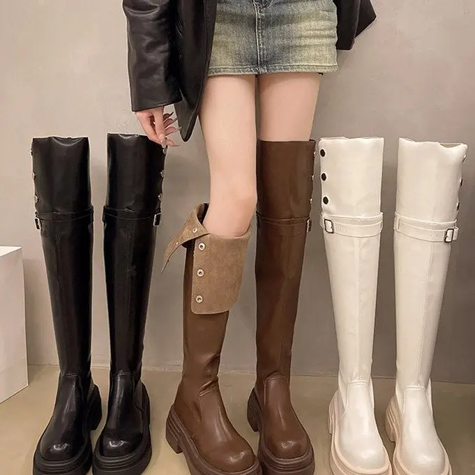 

Сексуальные ботильоны Faion, женские осенне-зимние высокие сапоги-трубы с поясом, повседневные ботинки из искусственной кожи на массивном каблуке Briti Sle