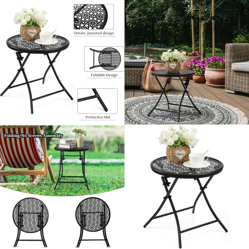 

Black Metal Outdoor Side Table with Rust-Resistant Design, Round Patio Nightstand for Balcony, Deck, or Yard with Lower Cutouts