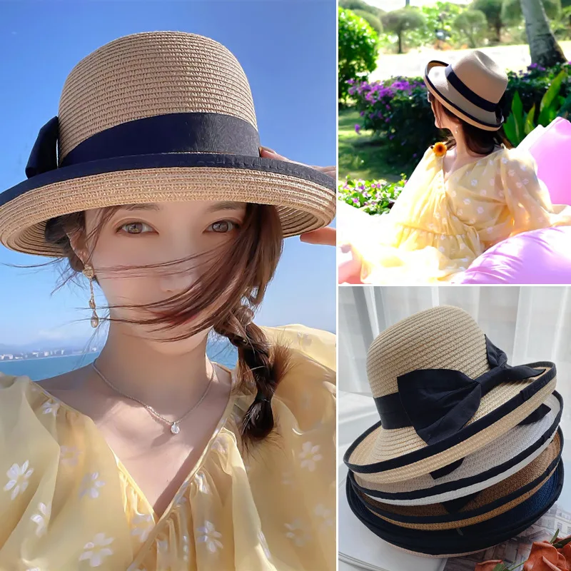 Celebrity Style Curved Brim Straw Hat Female Spring and Summer-Proof Bucket Hat Top Hat Fisherman Hat F