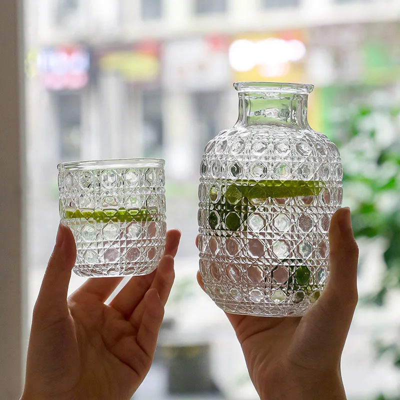 Bedside Carafe Pitcher And Water Glass Tumbler Set Vintage Glass Water Pitcher With Cup Set For Bedroom Retro Relief Patterns