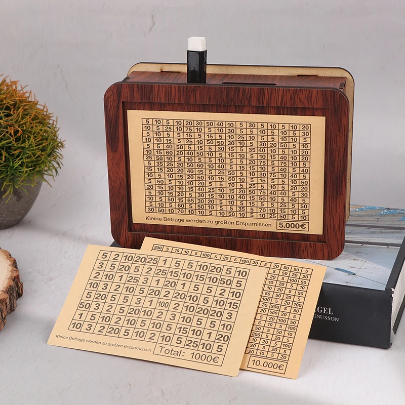 Wooden Piggy Banks, 1000/5000/10000 Euro Cash Boxes, Reusable Assembled Cash Boxes, Home Decor, with Savings Goals and Figures