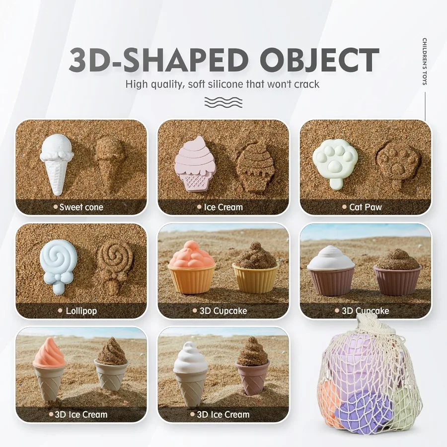 17 peças de brinquedos de praia de silicone, brinquedos de praia modernos para bebês, conjunto de praia amigável para viagens, balde de silicone, regador, pá, 12 moldes de areia,