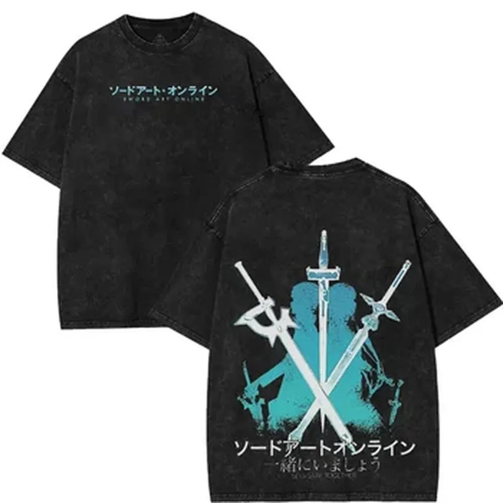 Manga Sword Art Online T-shirt Vintage Washed Oversized T Shirt Men's Clothing Summer O-Neck Short Sleeve Cotton Tees Tops