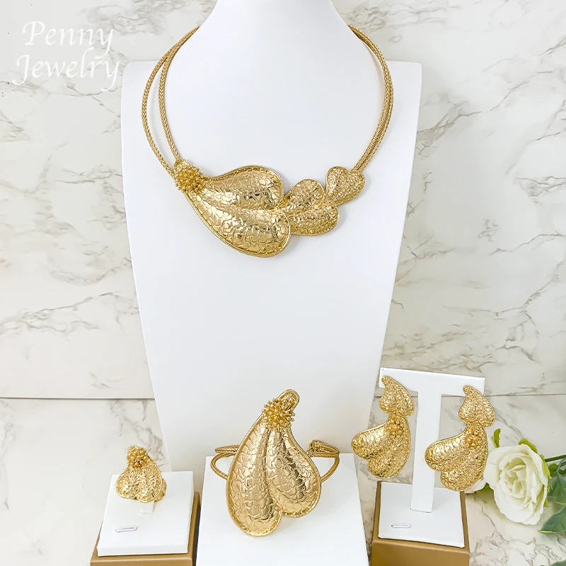 

Роскошный текстурированный воротник большого размера, ожерелье, серьги-капли, браслет, кольцо, колье, позолоченный комплект ювелирных изделий, подарки для свадебной вечеринки