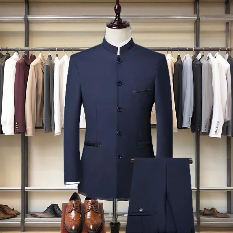 

2025 New Men Suit Set (Jacket+Pants) Chinese Style Boutique Fashion Stand Collar Slim Fit Suits Two Pieces Wedding Men Clothing