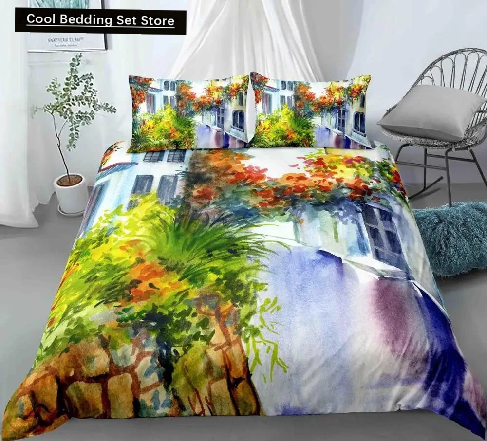 Oil Painting Landscape King Queen Duvet Cover Natural Scenery Bedding Set Teen Adult Floral Ocean Building Polyester Quilt Cover