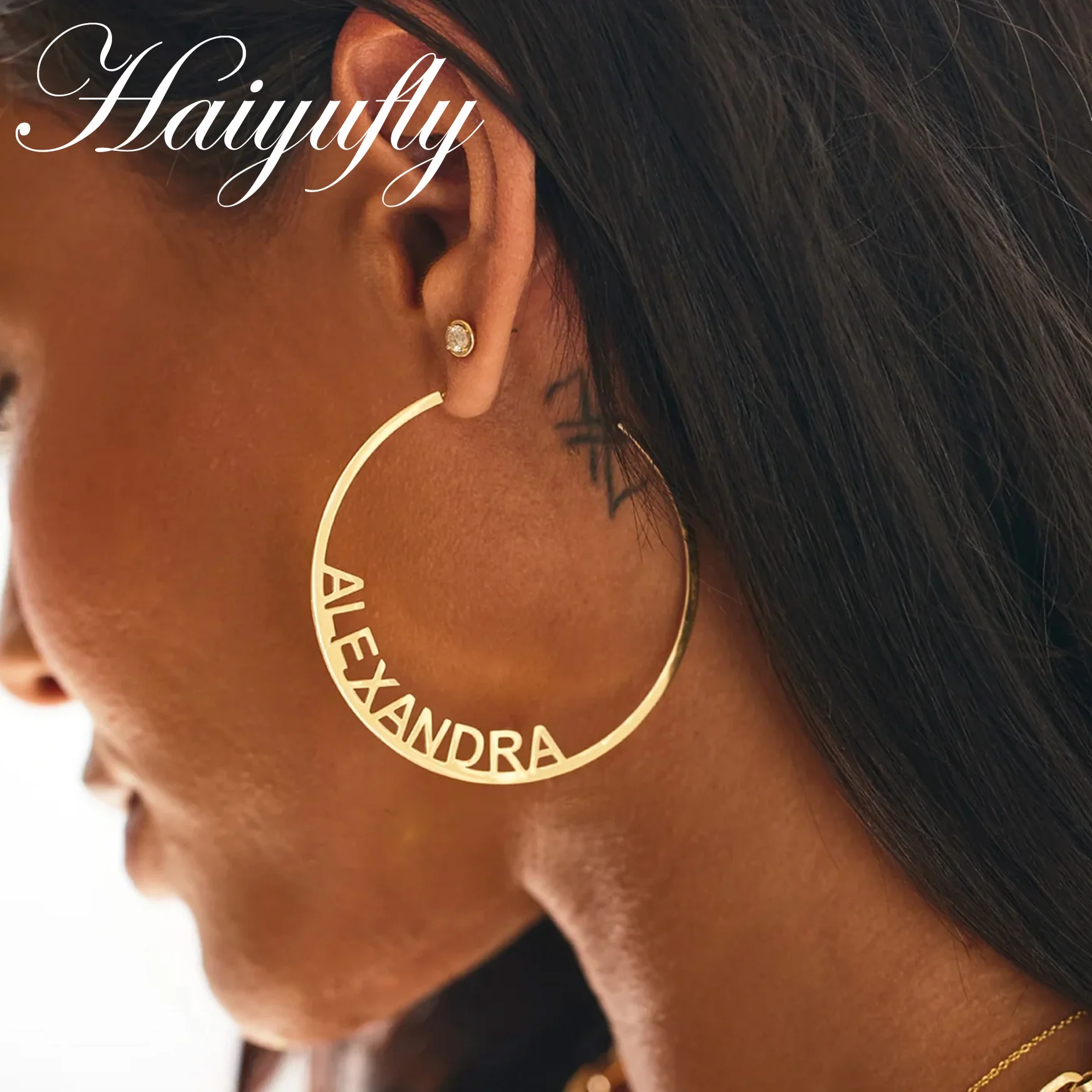 

Haiyufly Custom Name Earring for Women Stainless Steel Jewelry Trend Mother Kids Birthday Personalized Round Hoop Earring Gift