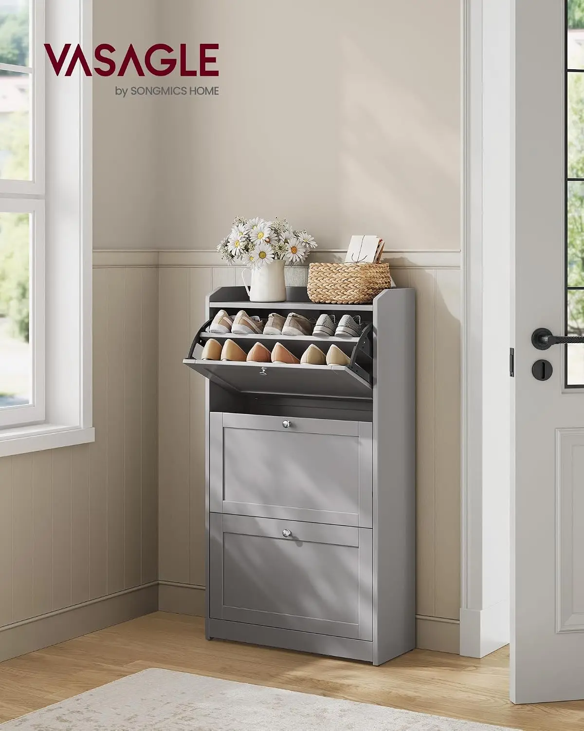 Shoe Cabinet 3 Flip Drawers Adjustable Dividers Holds 18 Pairs Entryway 9.4x23.6x42.5in Gray, Customized