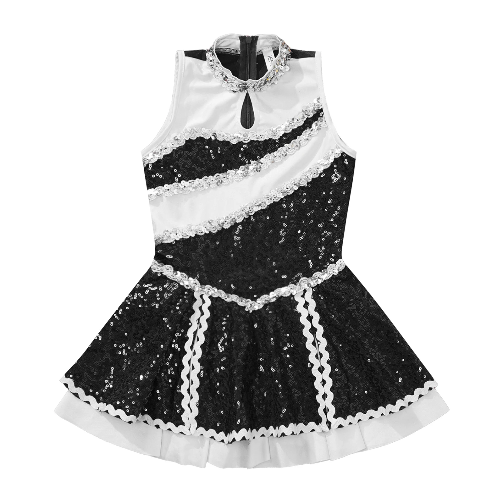 Kids Girls Cheerleading Uniform Sleeveless Shiny Sequins Dance Dress Figure Skating Gymnastics Leotard Stage Performance Costume