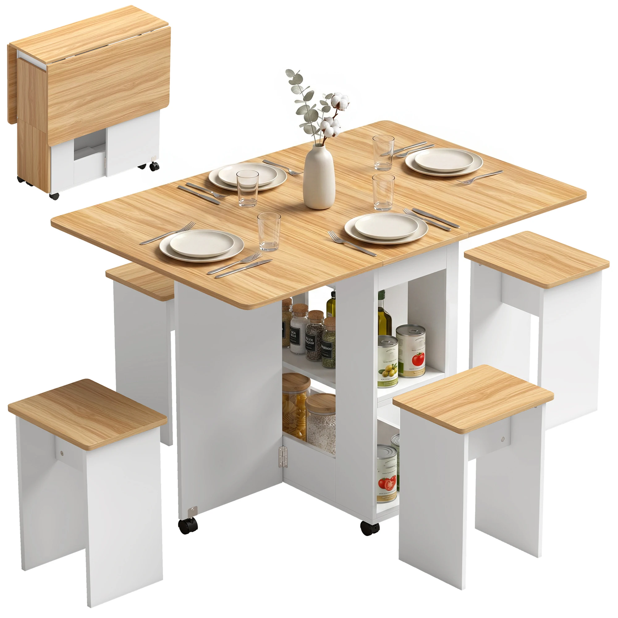 HOMCOM Conjunto Mesa de Comedor Plegable y 4 Taburetes Ocultos Roble