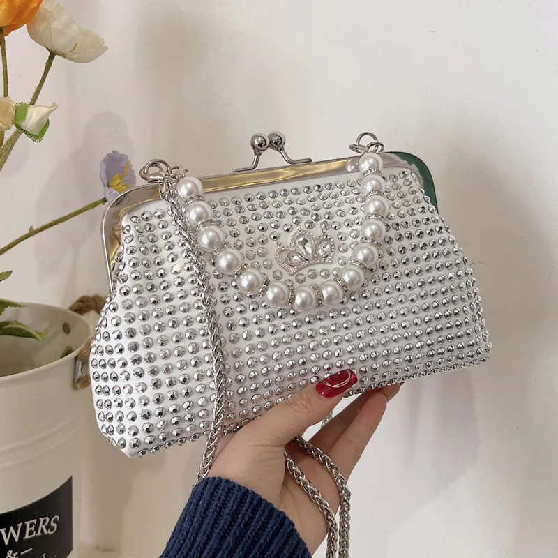 Women Luxury Designer Crystal Shiny Shell Clip Rhinestones Diamond Evening Clutch Chain Shoulder Bags Pearl Purses And Handbags