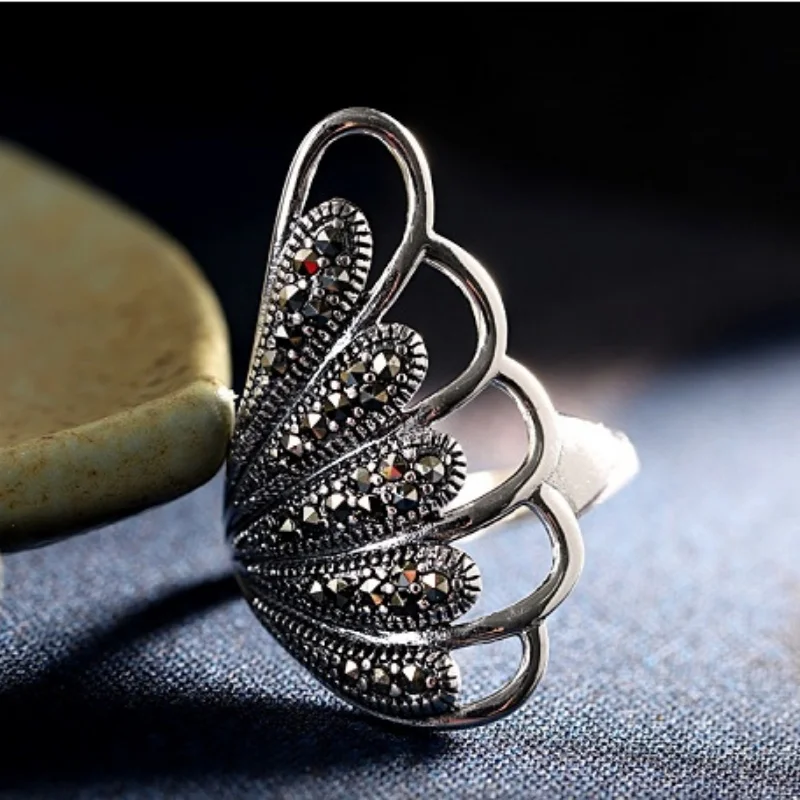 Anelli con ciondoli in argento Sterling S925 genuino per le donne New Fashion Simople Geometric Pattern Marcasite Punk Jewelry spedizione gratuita