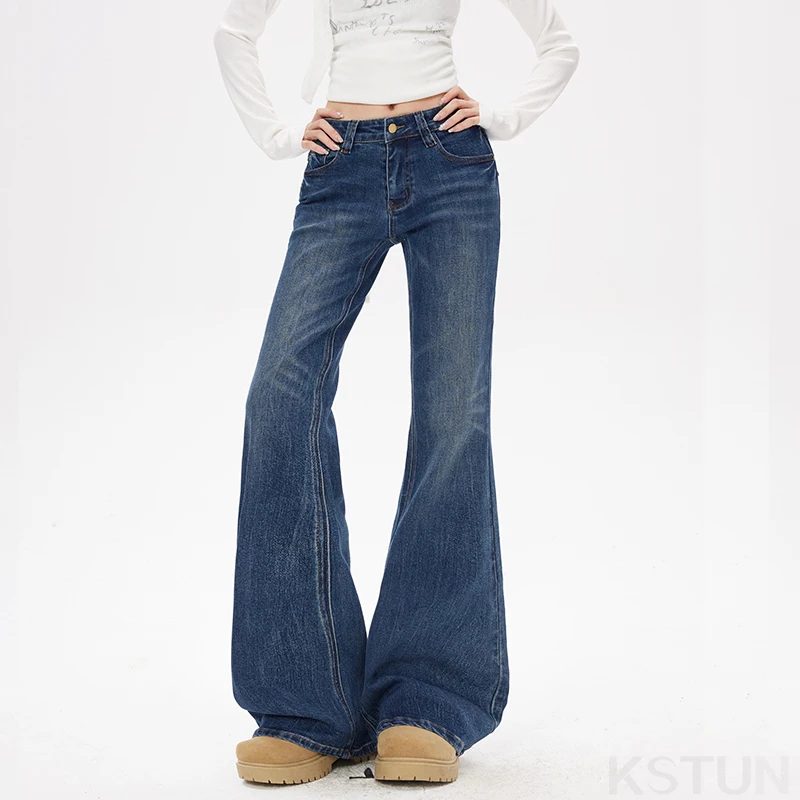American High Street Spicy Girls Low Waist Bell Bottom Jeans Women Vintage Design Sense Stretchy Straight Tube Micro Flare Pants