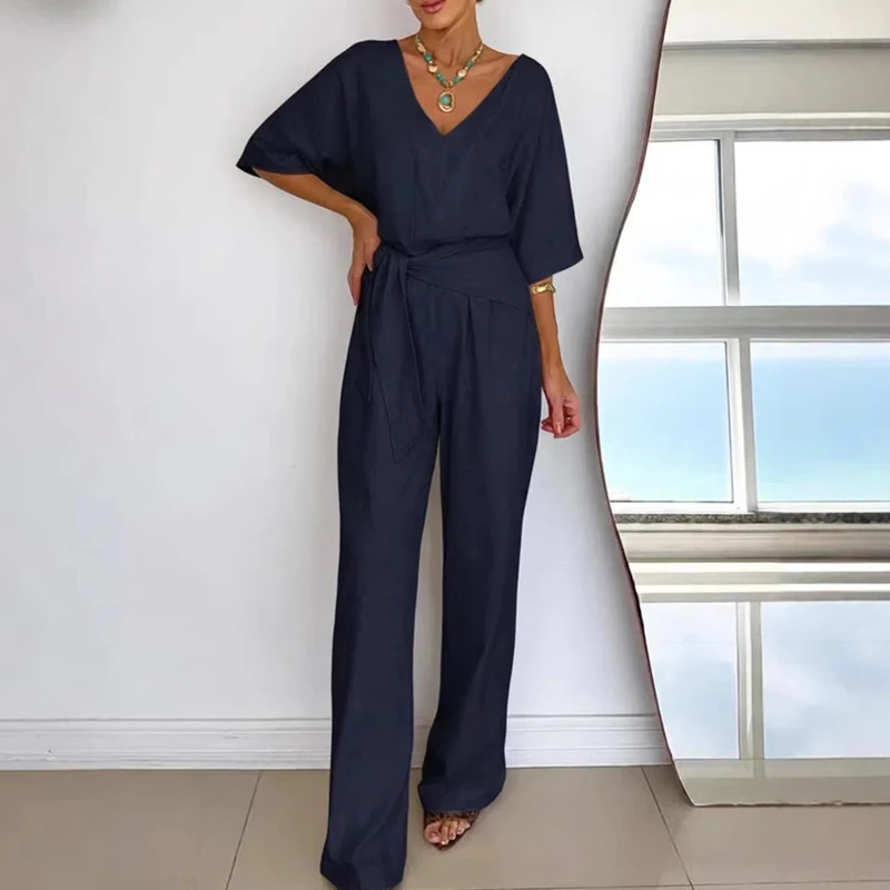 

Summer Elegant V-neck Half Sleeve Long Jumpsuit 2026 Fashion Belt Wide Leg Romper Women Casual Draped Solid Loose Party Playsuit