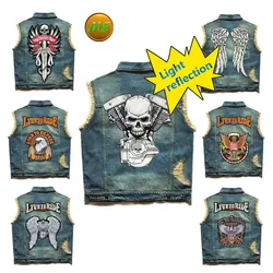 Embroidered Denim vest cowboy Jeans light reflection Patchwork Motorcycle Biker Jeans Sleeveless jacket punk Cowboy Fashion 6XL