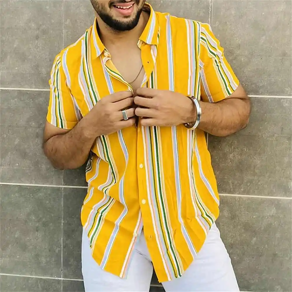 Vintage Hawaiian Shirts for Men Summer Stripe S Ultra Slim Fit Cotton Youth Fashion Printed Flocking Modern Style Warmth