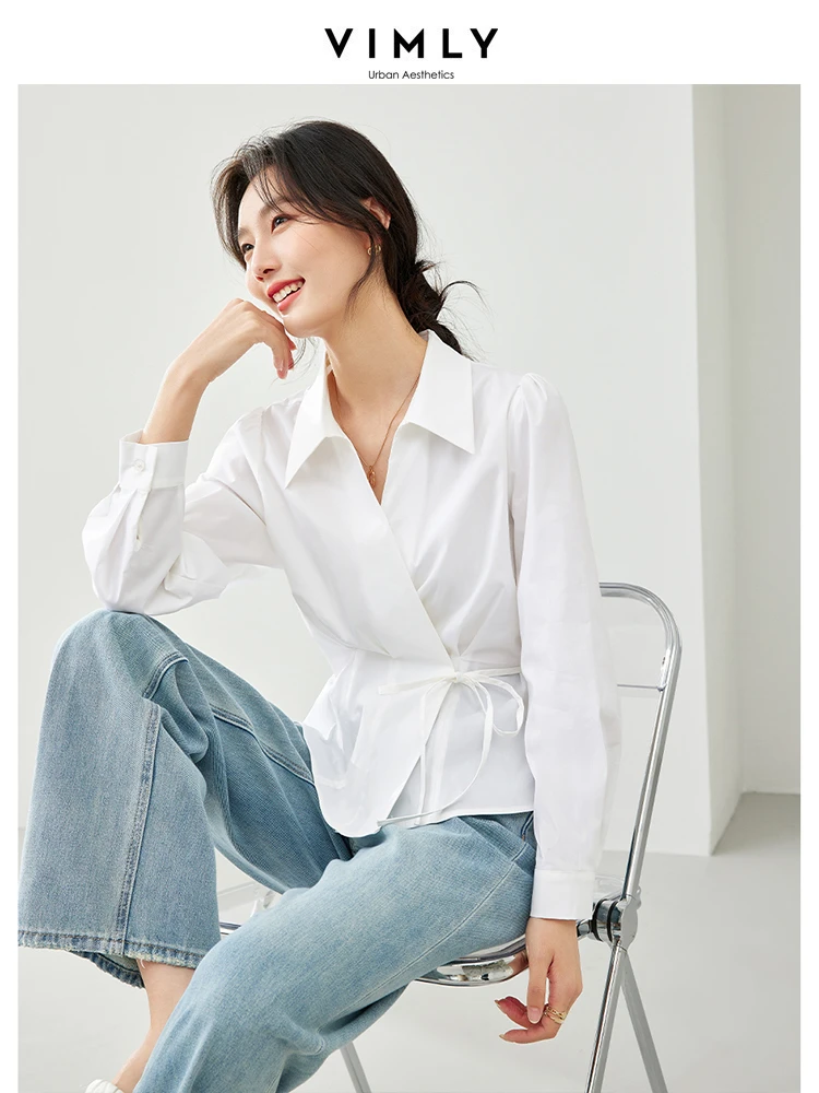 Vimly Spring Simple Lace-up White Shirt Woman 2024 Casual Long Sleeve Top Lapel Puff Sleeve Covered Button Blouse Women M5971