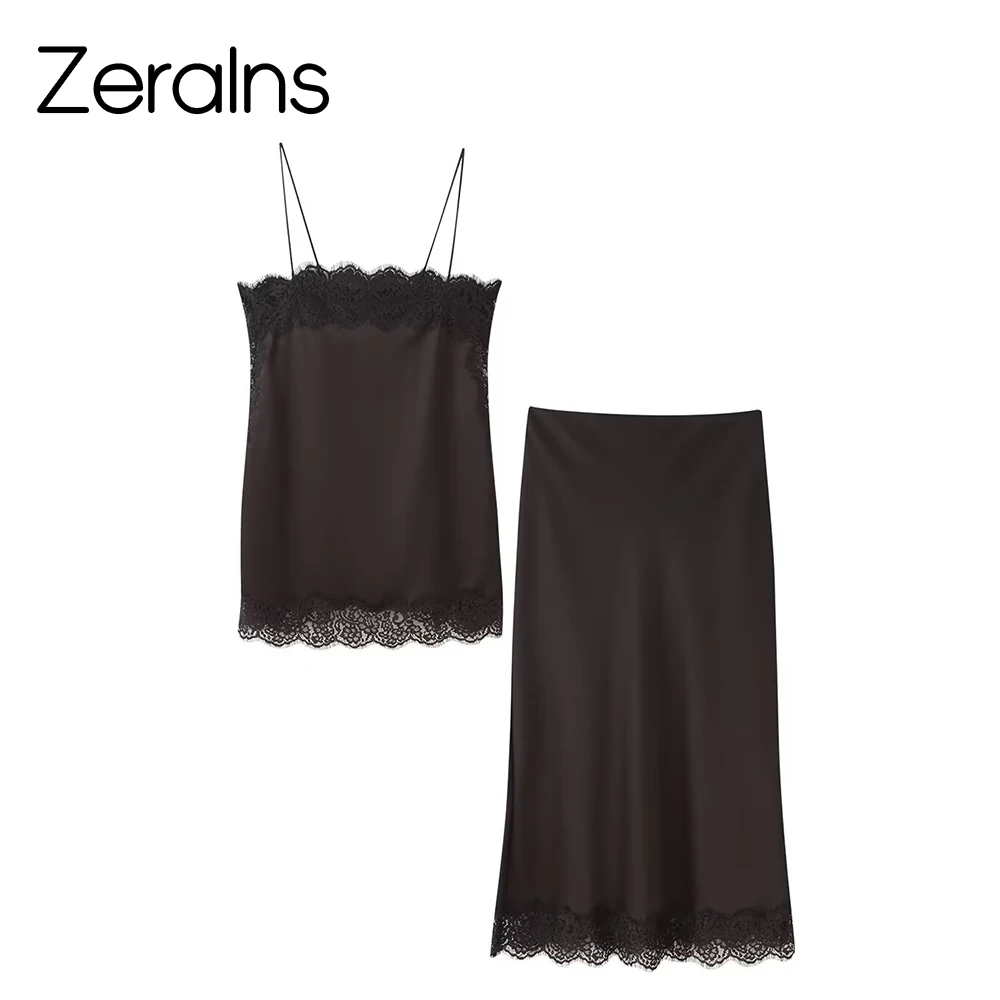 ZERAINS Autumn new women's clothing European and American style silk satin texture lace camisole top half skirt set