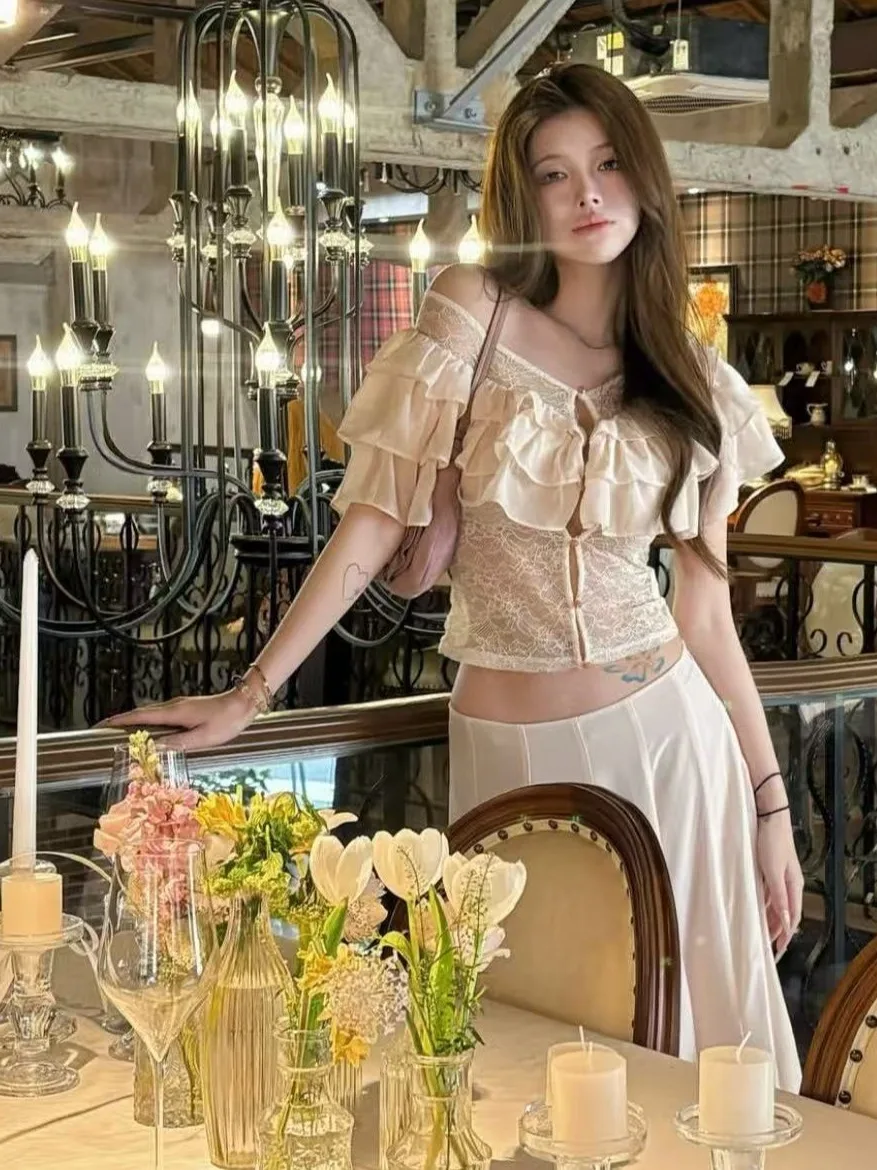 

Korean Style Summer Sweet Gentle Ruffle Shoulder Top Women High Waist Slimming Long Dress Elegant Two Piece Set