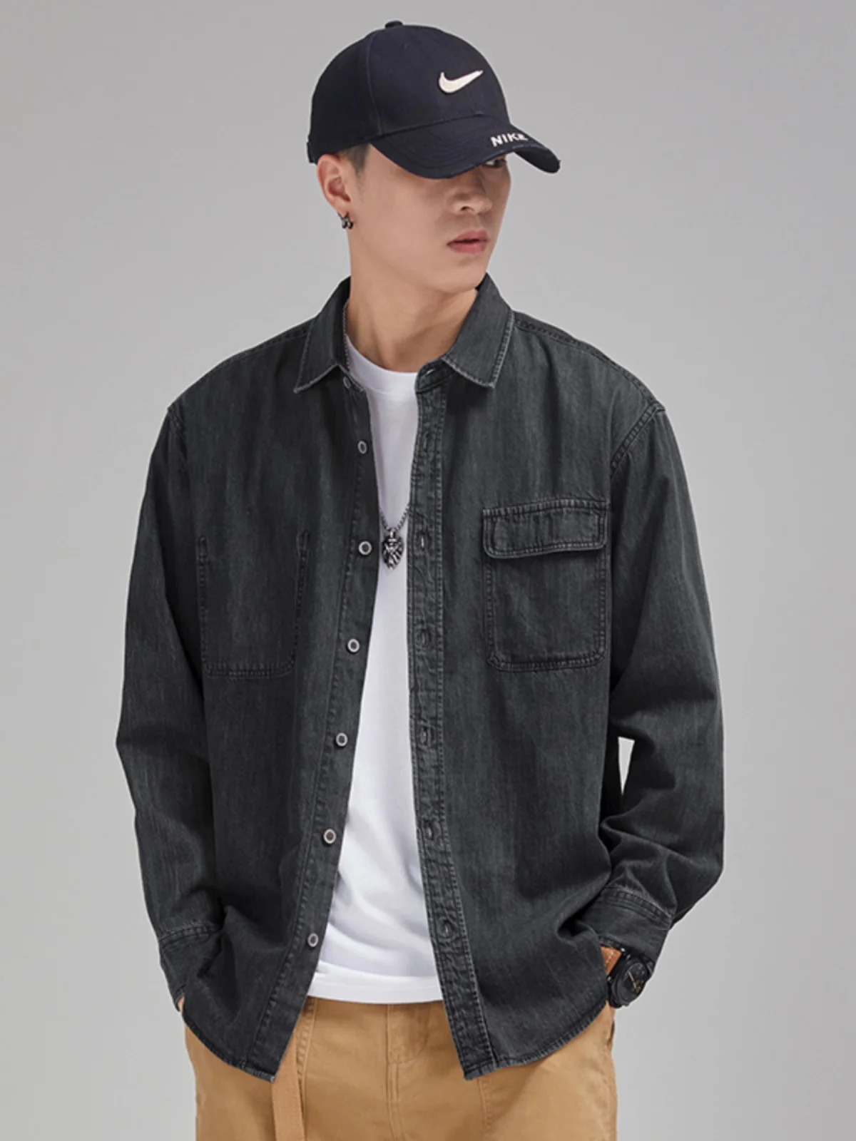 

Men's Pure Color Workwear Style Japanese Hongfeng Thickened Trendy Denim Shirt Spring Autumn Cotton Long Sleeve Breathable