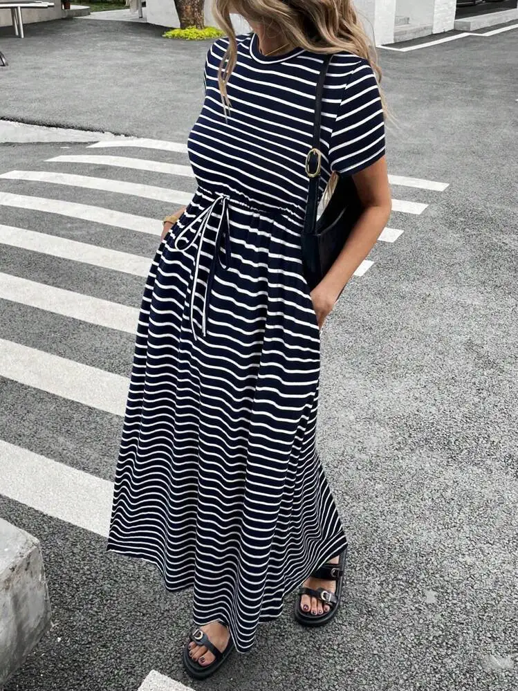 

2025 Summer plus new women's round neck adjustable waistband mid length striped pocket dress