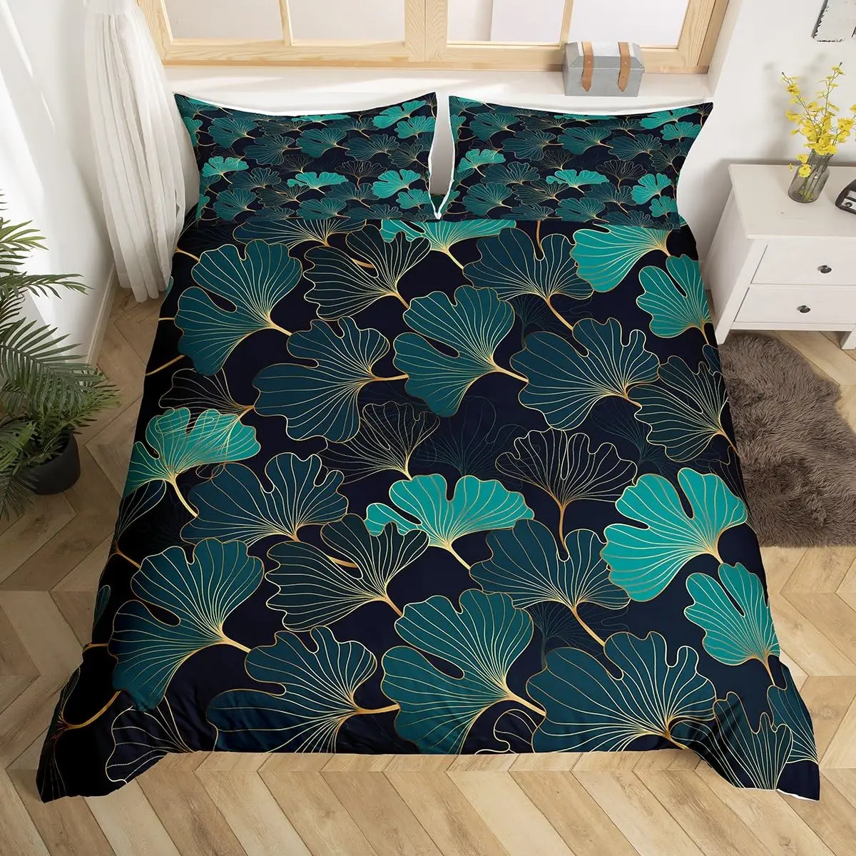 

Ginkgo Leaf Duvet Cover Queen Natural Botanical Bedding Set Plants Rustic Farmhouse Comforter Cover Abstract Leaves Quilt Cover
