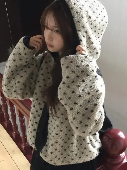 

Sweet Anti-Aging Floral Lamb Fur Hooded Cotton Jaet Women's Winter Loose Thi Warm Double-Sided Wear Cotton Coat