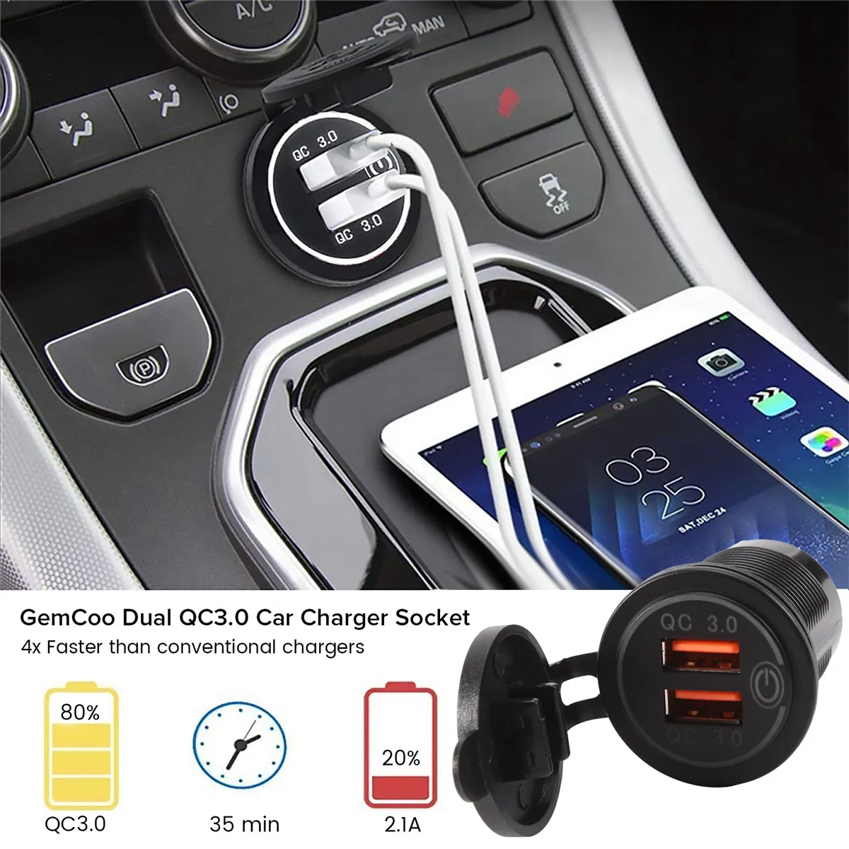 12V 36W Quick Charge 3.0 Dual USB Car Charger USB Fast Charger with Switch for Boat Motorcycle Truck Sedan White